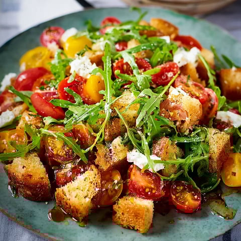 A plate of food with tomatoes, bread, and cheese.