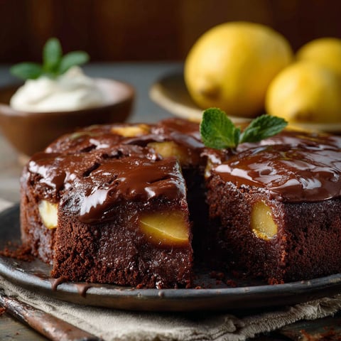 A slice of chocolate cake with a lemon wedge on top.