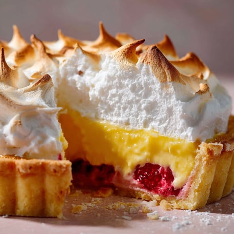 A slice of a zitronen-himbeer-baiser-tarte.