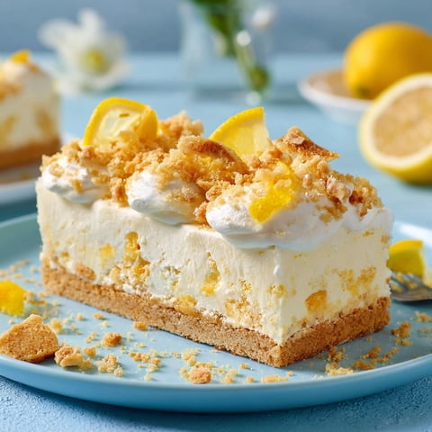 A slice of lemon cake on a blue plate.
