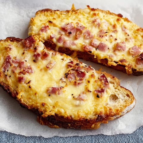 Two pieces of toast with ham and cheese.