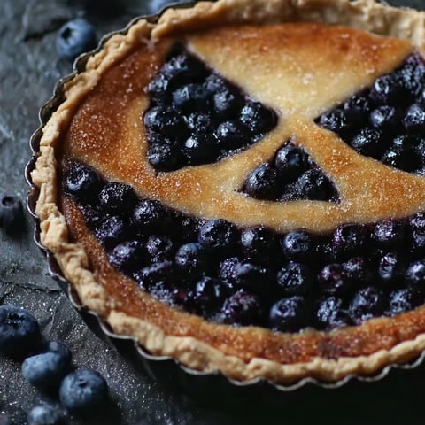 A pie with a blueberry filling and a face drawn on it.