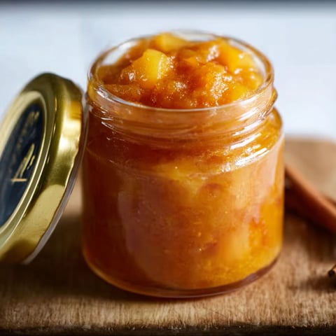 A jar of marmalade with a spoon in it.