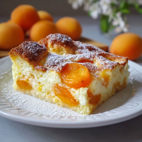 A slice of cake with powdered sugar and sliced peaches on top.
