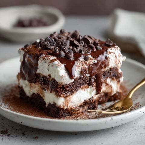 A slice of chocolate lasagna with chocolate drizzle.