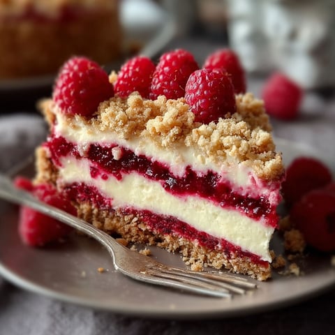 A slice of raspberry cheesecake with crumbs on top.