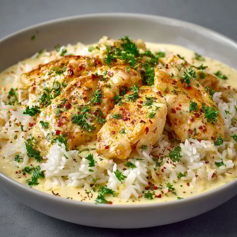 A bowl of rice with chicken and spices.