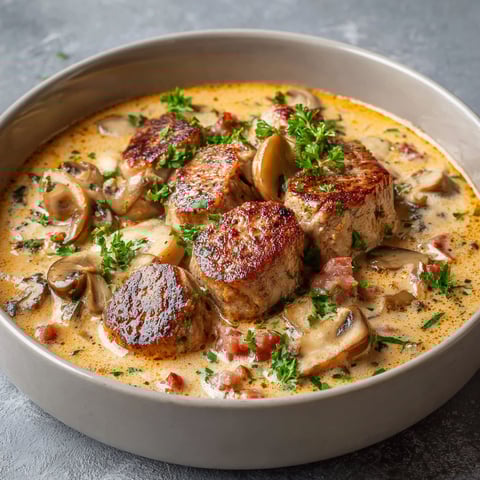 A bowl of food with meat and mushrooms.