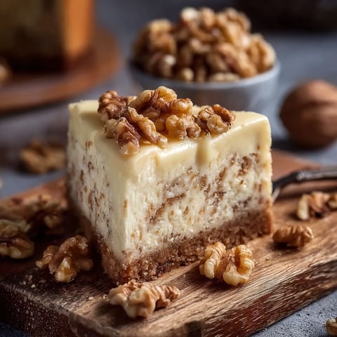 A slice of Friss-dich-dumm-Kuchen with walnuts on a wooden cutting board.