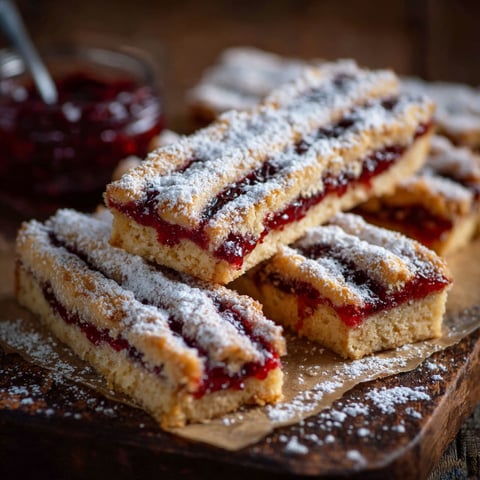 A stack of Linzer Streifen with powdered sugar.