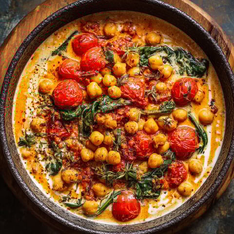 A bowl of food with tomatoes, chickpeas, and greens.