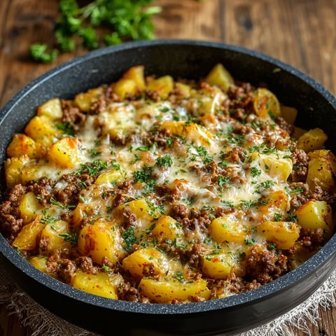 A bowl of food with potatoes and meat.