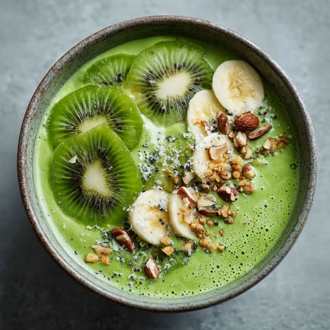 A bowl of green smoothie with kiwi, banana, and nuts.