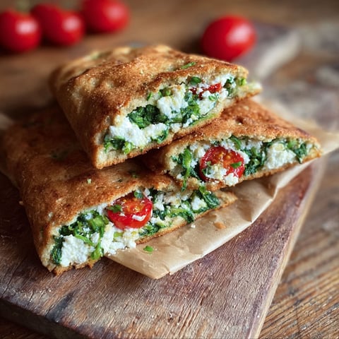 A protein pfannenbrot sandwich with tomatoes and spinach.