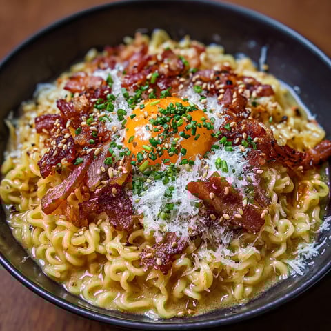 A bowl of Ramen Carbonara with bacon, egg, and cheese.