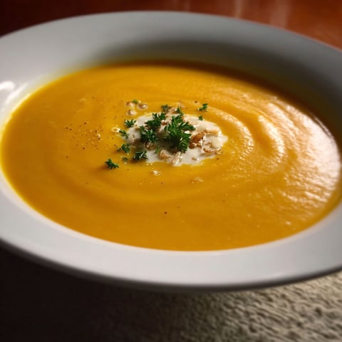 A white plate with a bowl of soup.