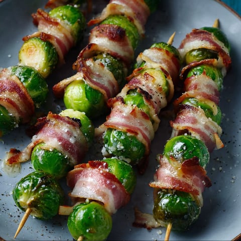 Bacon wrapped brussel sprouts on a plate.