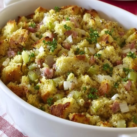 A white bowl filled with a mixture of corn, leek and nut stuffing for turkey.