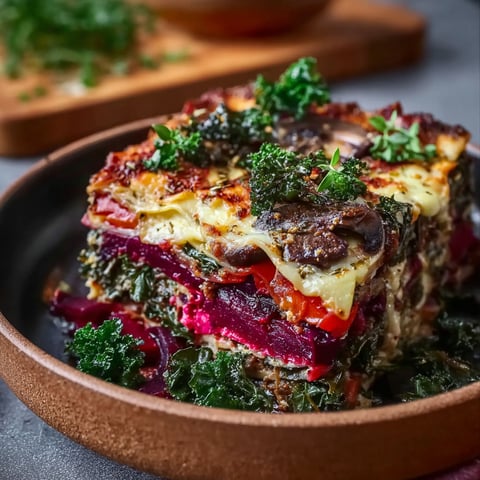 A square dish of lasagna with green and red vegetables.