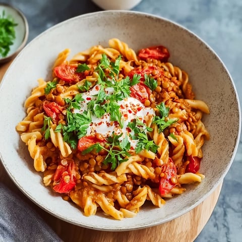 A bowl of pasta with tomatoes and herbs.