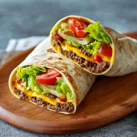 Two cheeseburger wraps on a wooden platter.