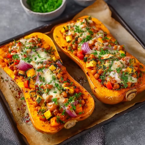 Two vegan butternut squashes with cheese and vegetables.