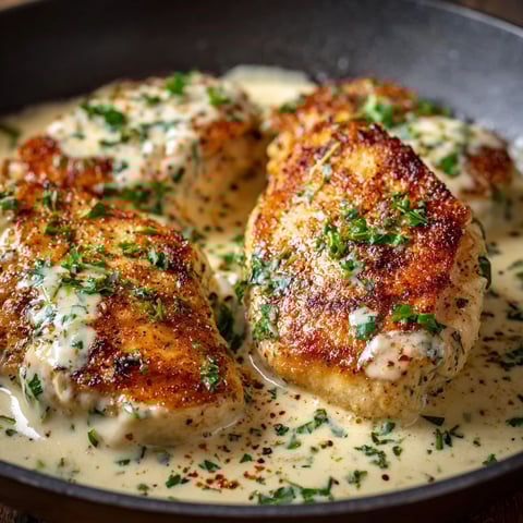 A pan of chicken with a white sauce.