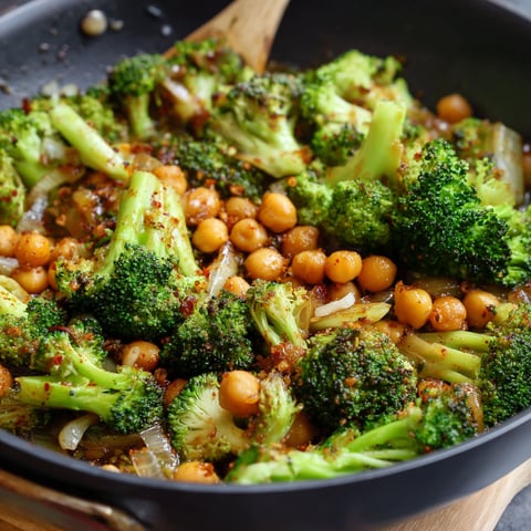 A pan of broccoli and chickpeas.