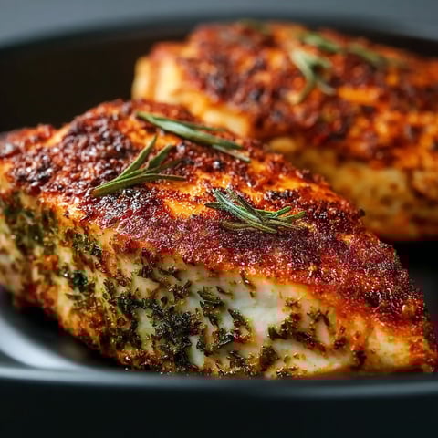 A piece of chicken with herbs on it.