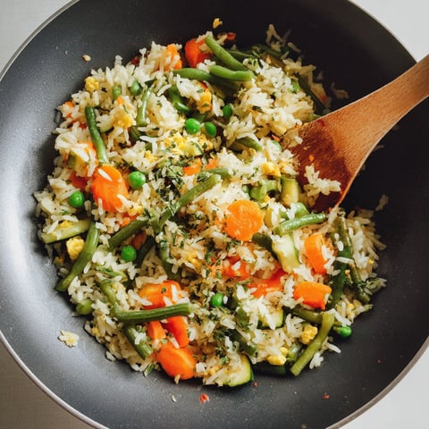A bowl of rice with vegetables.