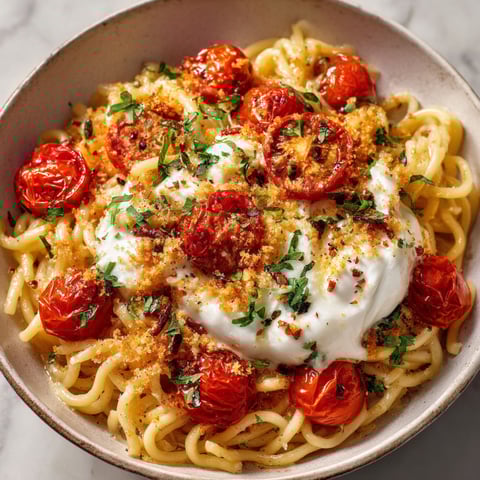 A bowl of pasta with tomatoes and cheese.