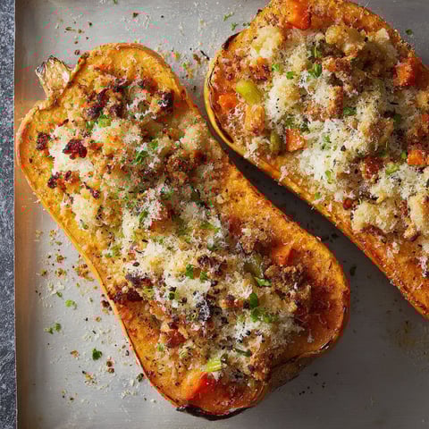 Two slices of butternut squash with cheese and herbs.