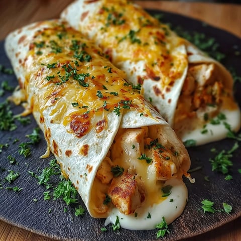 Two wraps with cheese and chicken on a plate.