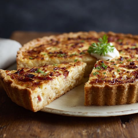 A slice of quiche with sauerkraut, apples and bacon.