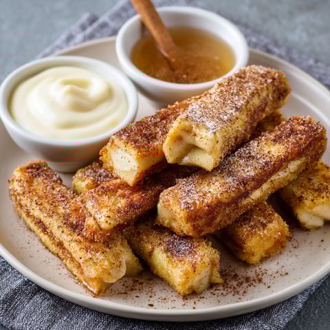 French toast sticks in a bowl with a spoon.