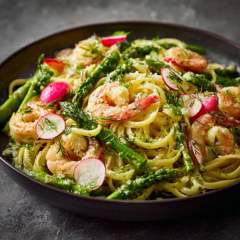 A bowl of linguine with shrimp, asparagus, and grapefruit-lime sauce.