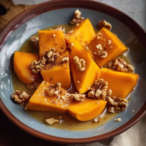 A bowl of sliced pumpkin with walnuts and tahini.