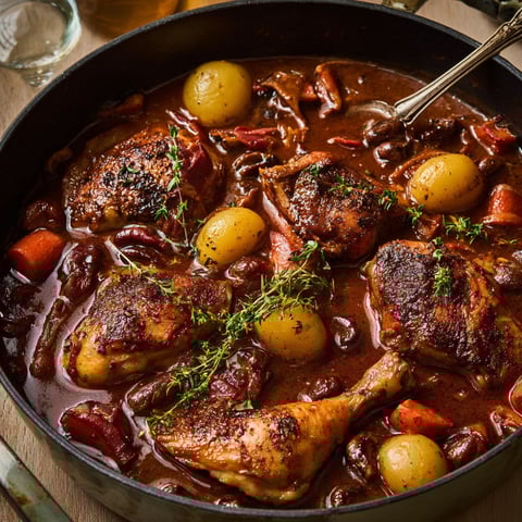 A pan of chicken and vegetables.