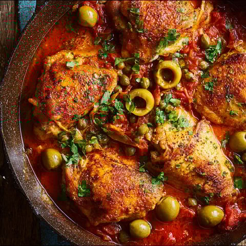 A dish of chicken with olives and tomatoes.