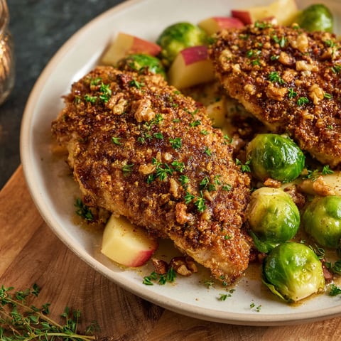 A plate of chicken with a walnut crust and apple slices.
