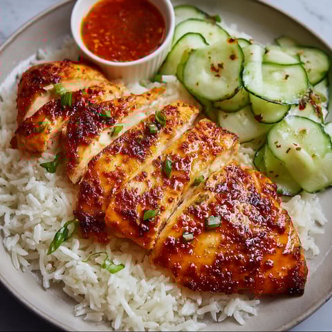 A plate of chicken with rice and cucumbers.