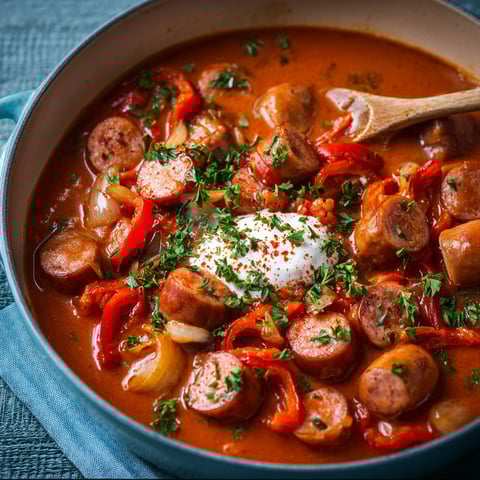 A bowl of food with sausages and peppers.