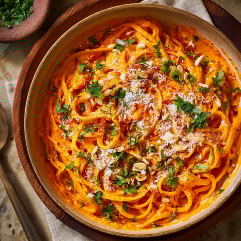 A bowl of pasta with a red sauce and almonds.
