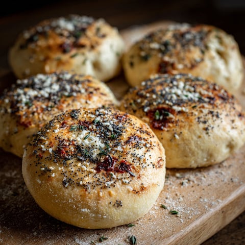 A plate of bialys with cheese and herbs.