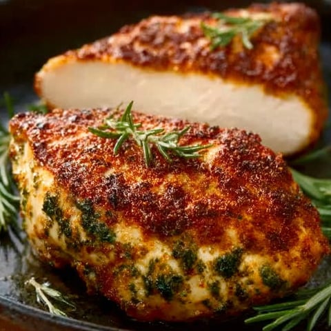 A piece of chicken with herbs on it.
