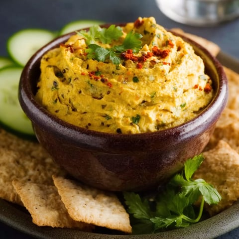 A bowl of curry dip with crackers and cucumbers.