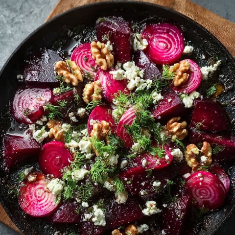 A plate of food with red beets and walnuts.