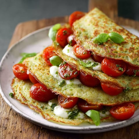 A stack of pancakes with tomatoes and pesto.