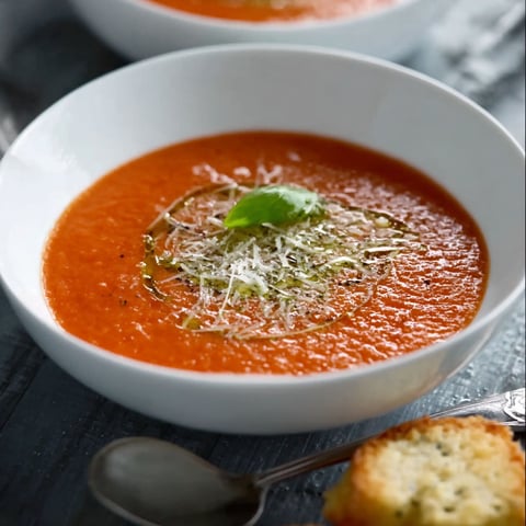 A bowl of Italian tomato soup with Parmesan cheese on top.