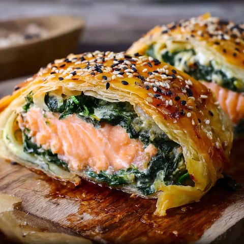 A pastry with fish and greens inside.